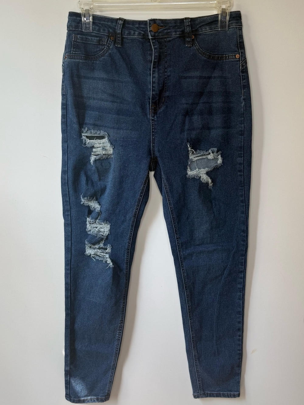 Fashion Nova Dark Blue High-Waisted Stretchy Skinny Distressed Jeans-Size15